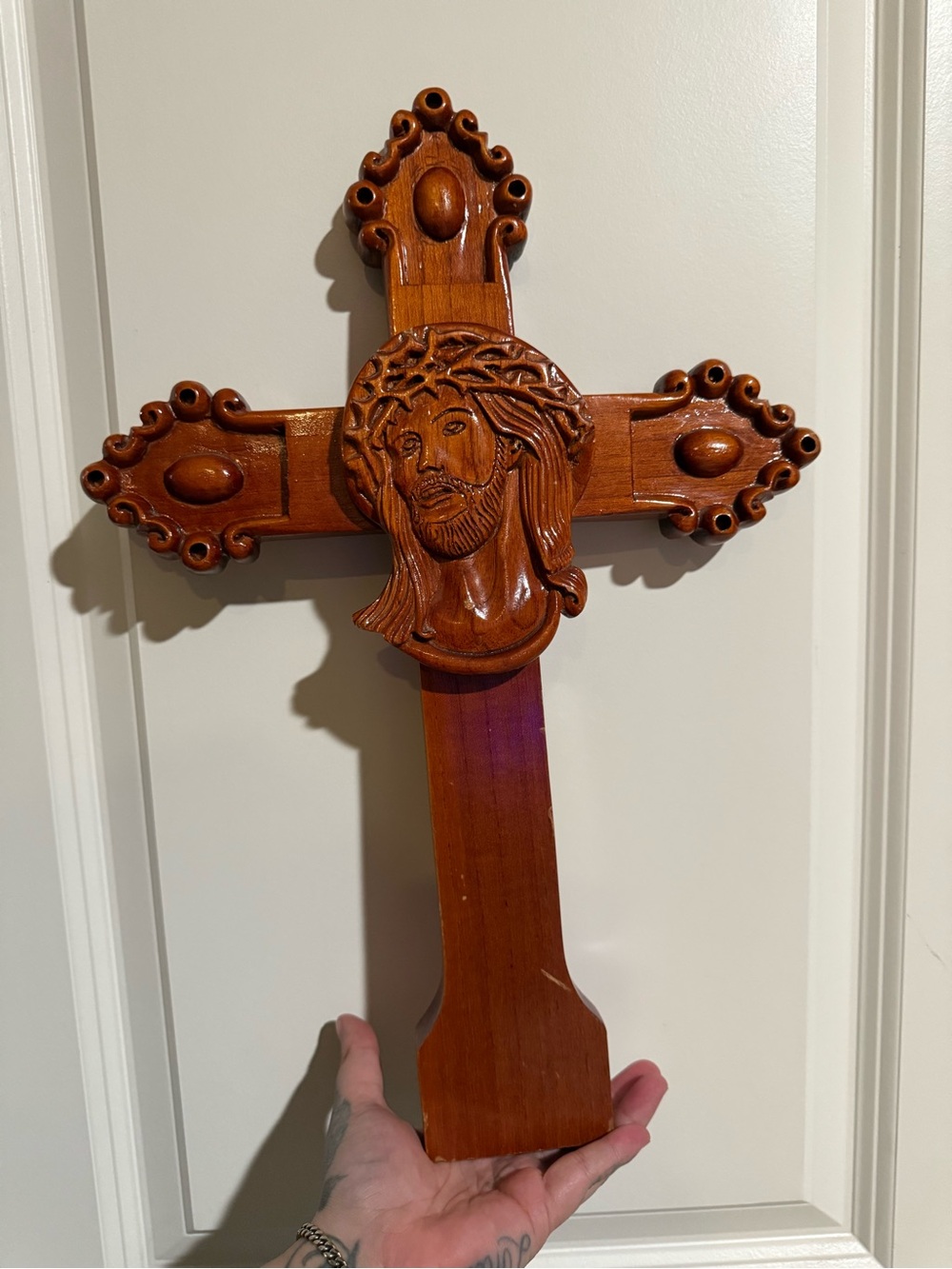 Rare Vintage Hand Carved Wooden Cross Jesus Christ Wearing Crown Of Thorns 17”